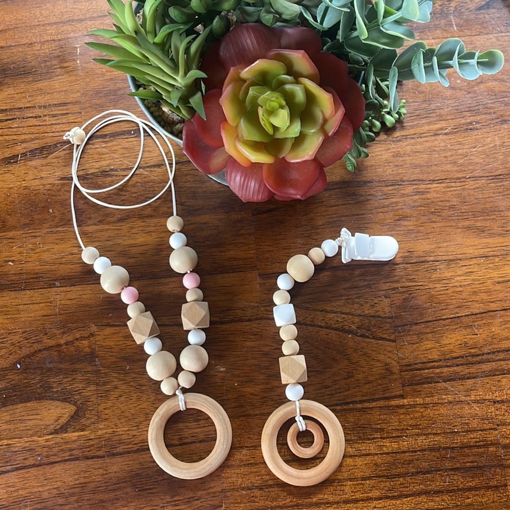 Natural wood baby teether set clip on teether and mommy chew necklace